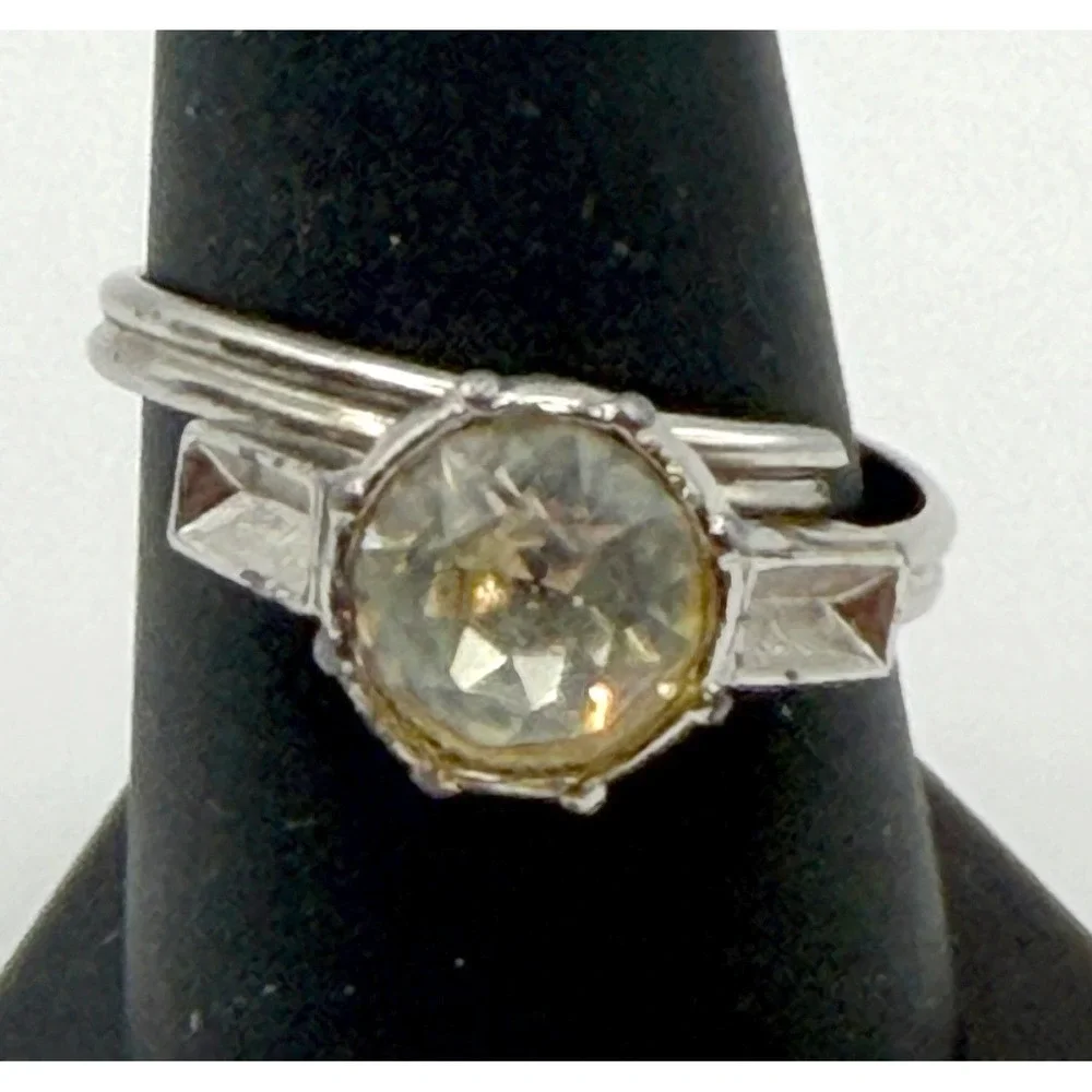 Silver Tone Yellow Crystal Adjustable‎ Ring Size 8.5–9 Vintage Style